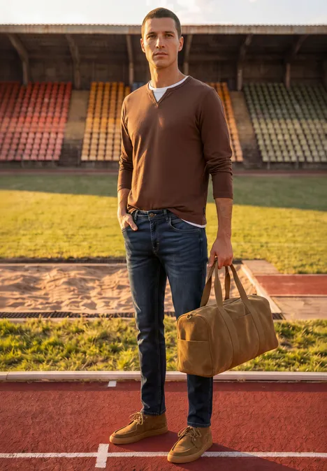 Jean Slim Leg à coupe ajustée indigo blue wash Un homme en shirt marron et jean tient un sac de voyage sur une piste d’athlétisme devant des gradins.
