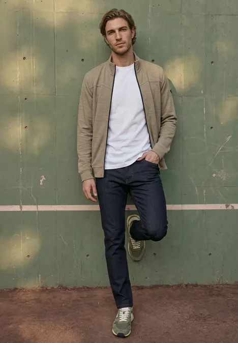 Een man in een beige jack, wit t-shirt, donkere jeans en groene sneakers leunt nonchalant tegen een groene wand.