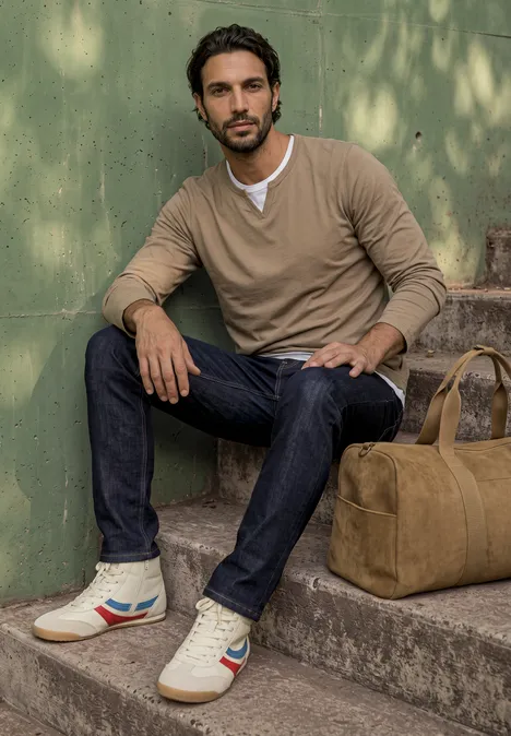 Slim Leg Jeans im Slim Fit dark blue rinsed wash Ein Mann mit Bart sitzt auf einer Treppe vor grünem Hintergrund, leger gekleidet, mit einer Tasche neben ihm.