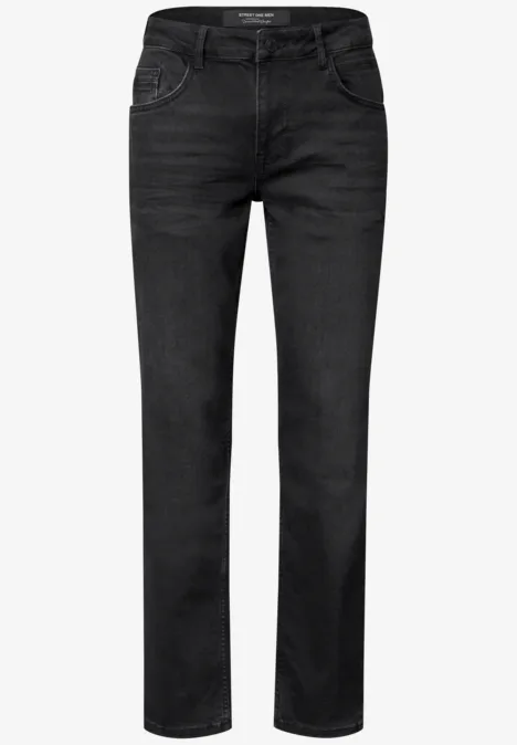 Schlichte schwarze Jeans in geradem Schnitt mit fünf Taschen und Reißverschluss.