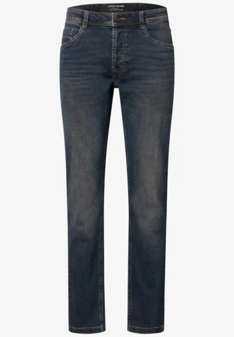 Dunkelblaue, gerade geschnittene Jeans aus Denim mit klassischer Waschung und fünf Taschen.