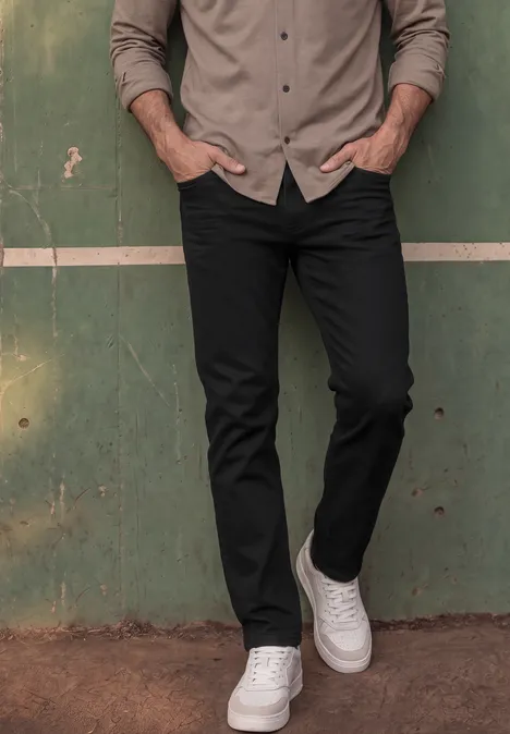 Onderlichaam van een man voor een groene muur, hij draagt zwarte jeans en witte sneakers.