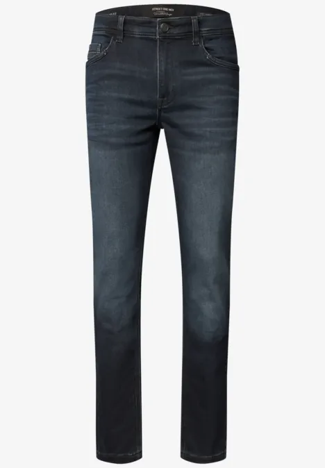 Dunkelblaue Jeanshose im geraden Schnitt mit klassischem 5-Pocket-Design und leichter Waschung.