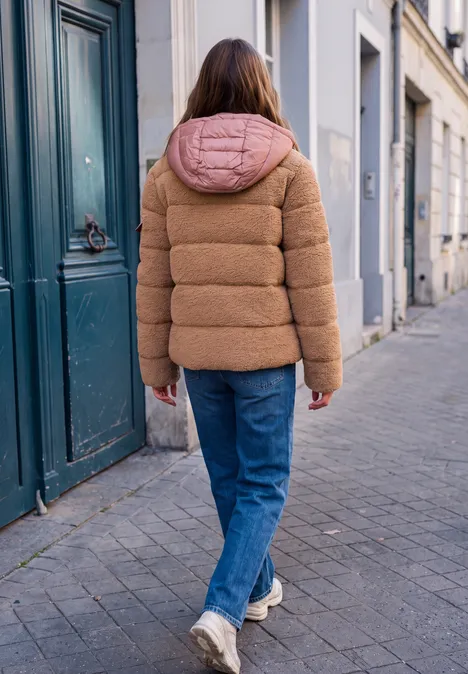 Kurtka typu teddy z kapturem i elementami z materiału softshell Honey Brown Osoba idąca ulicą brukowaną, ubrana w brązową puchową kurtkę z różowym kapturem, niebieskie dżinsy i trampki.