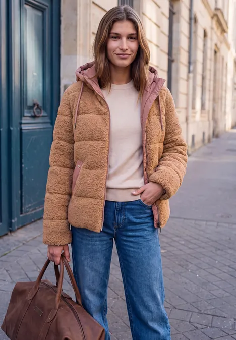 Kurtka typu teddy z kapturem i elementami z materiału softshell Honey Brown Kobieta w beżowym swetrze, brązowej pikowanej kurtce, niebieskich dżinsach z torbą na ulicy.
