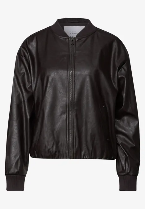 Schwarze Lederjacke mit Reißverschluss, Bomber-Stil, langärmelig, gerippte Bündchen und Saum
