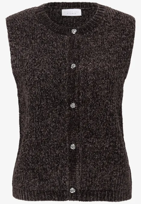 Braune, flauschige Strickweste ohne Ärmel mit Knopfleiste