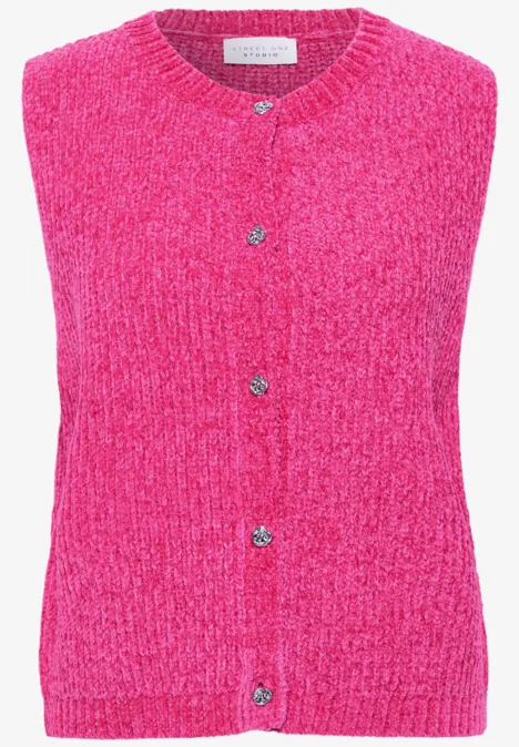 Knallpinke, gestrickte, ärmellose Strickjacke mit Rundhalsausschnitt und Knopfleiste