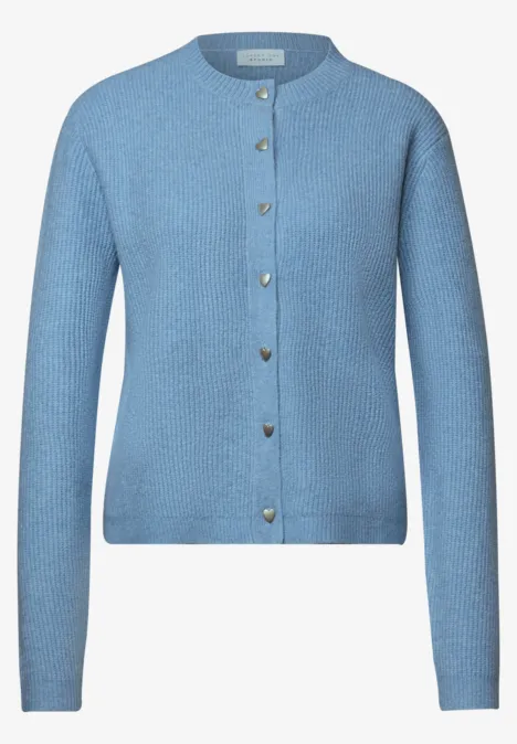 Helles blaues Feinstrick-Cardigan mit Rundhalsausschnitt und durchgehender Knopfleiste.