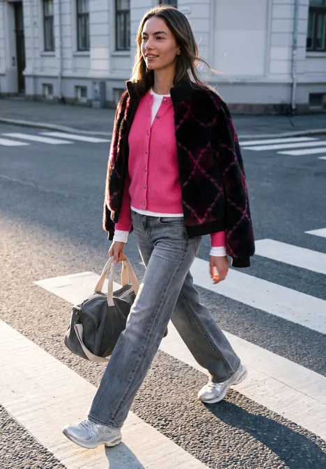 Junge Frau überquert selbstbewusst einen Zebrastreifen, trägt pinken Pullover, graue Hose und hält eine Reisetasche.