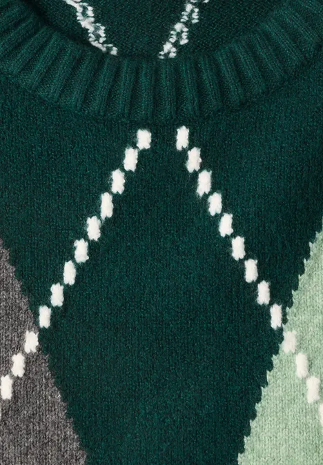 Pullover mit Rundhals und Argyle-Muster mossed green Dunkelgrüner Strickpullover mit Argyle-Rautenmuster in Hellgrün, Grau und weißen Ziernähten