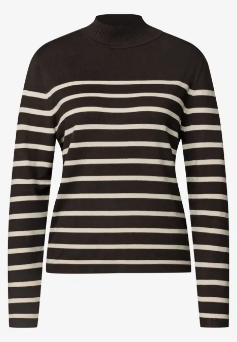 Schwarzes Langarmshirt mit cremefarbenen Querstreifen