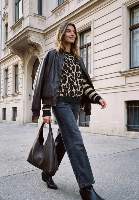 Trui met luipaardprint en gestreepte mouwen Black Eine Frau in Lederjacke, Leopardenpullover und Jeans trägt eine schwarze Tasche und geht an einer Altbaufassade vorbei.
