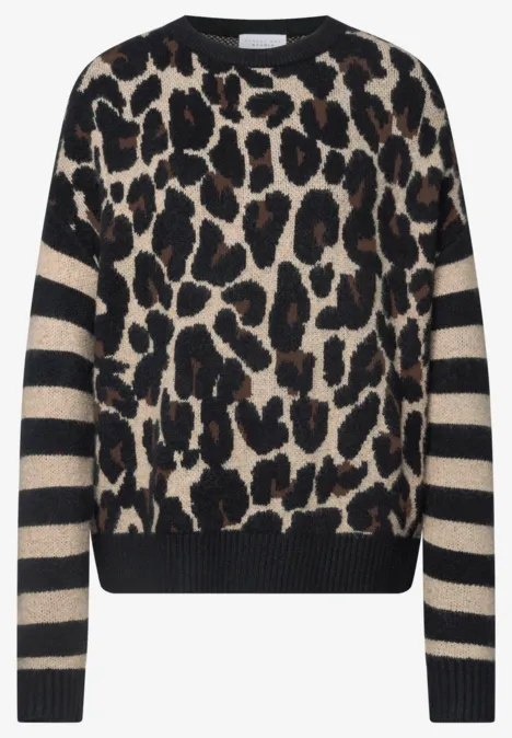 Trui met luipaardprint en gestreepte mouwen Black Pullover mit Leopardenmuster in Beige und Schwarz, gestreifte Ärmel