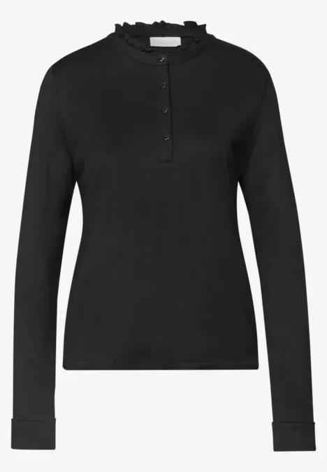 Shirt met lange mouwen, ronde hals en ruches Black Schwarzes Langarmoberteil mit gerafftem Stehkragen und Knopfleiste vorn.