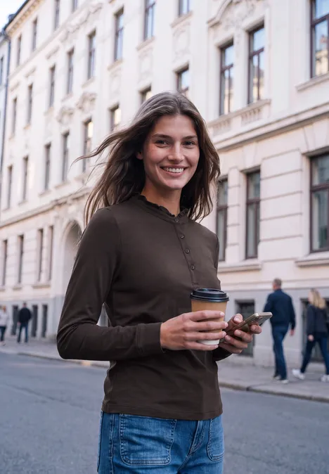 Shirt met lange mouwen, ronde hals en ruches charred brown Junge Frau im braunen Pulli lächelt, hält Kaffee und Smartphone auf belebter Straßenszene.