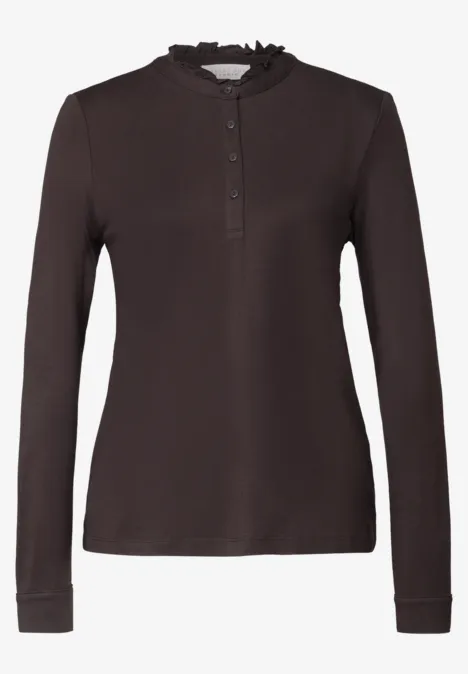 Shirt met lange mouwen, ronde hals en ruches charred brown Schwarzes Langarmshirt mit Knopfleiste und Stehkragen
