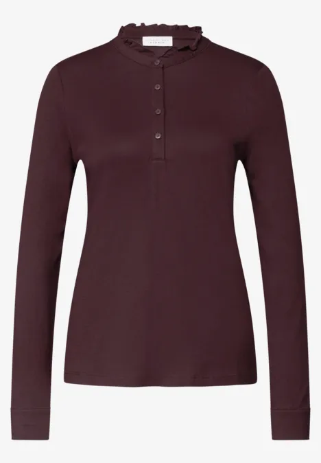 Shirt met lange mouwen, ronde hals en ruches russet red Damenoberteil in Bordeaux mit langem Arm, Stehkragen und halber Knopfleiste.