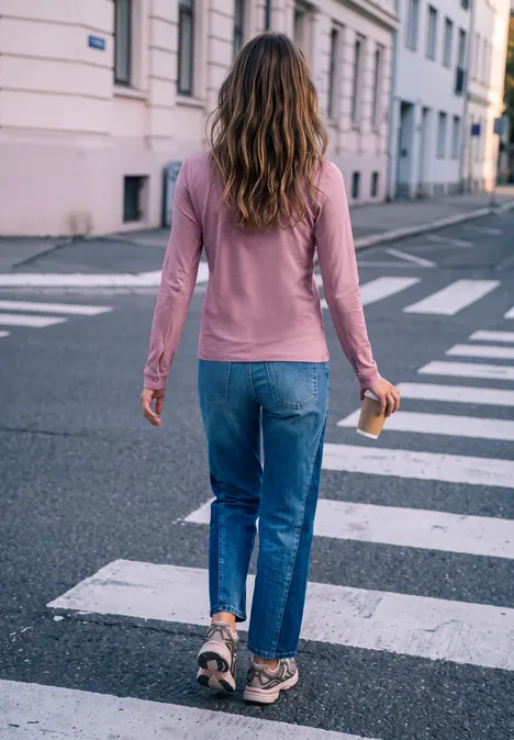 Shirt met lange mouwen, ronde hals en ruches pearly rose Eine Frau in Jeans und pinkem Pullover überquert mit einem Coffee-to-go-Becher die Straße auf einem Zebrastreifen.