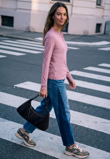 Shirt met lange mouwen, ronde hals en ruches pearly rose Frau in rosa Langarmshirt, blauen Jeans und Sneakern überquert mit schwarzer Tasche eine Straße.