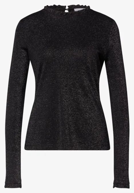 Shirt met lange mouwen, ronde hals en ruches Black Schwarzes, schimmerndes Langarmshirt mit Stehkragen für Damen
