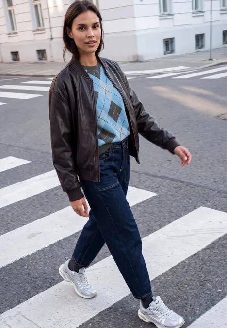 Shirt met gebreide look en argylepatroon loom blue Eine junge Frau in Lederjacke, gemustertem Pullover und Jeans überquert lässig einen Zebrastreifen.
