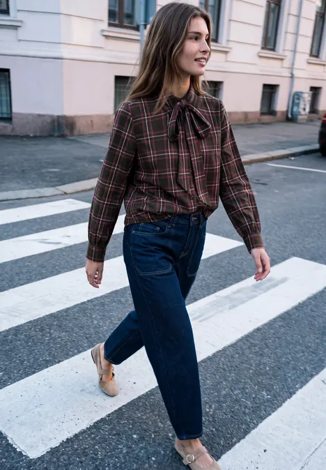 Femme en chemisier à carreaux et jean traversant un passage piéton en ville, souriante et détendue.