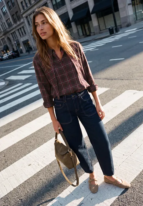 Une femme traverse la rue, portant chemise à carreaux, jean large et sac à dos.