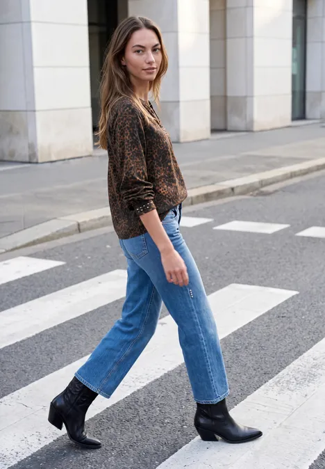 Tunique à col fendu et détails rivetés charred brown Une femme en pull imprimé, jean et bottines noires traverse un passage piétons.