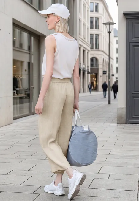 Frau in weißem Top, beiger Hose und Cap trägt runde graue Tasche und spaziert in urbaner Straße.