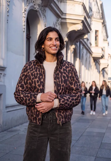 Eine Frau in Leo-Jacke spaziert lächelnd an eleganten Gebäuden vorbei, Passanten im Hintergrund.