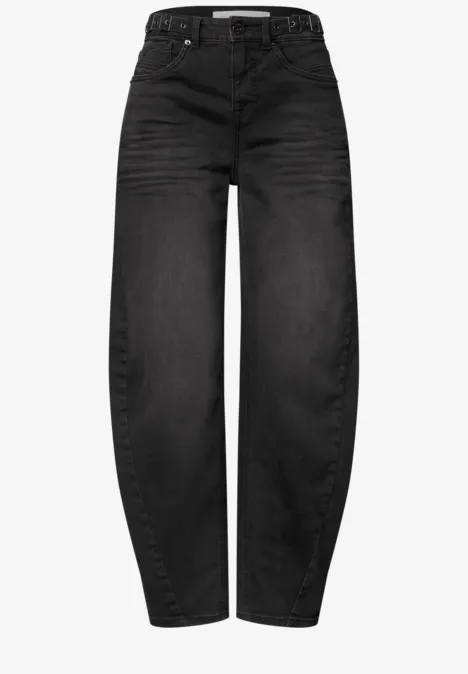 Schwarze hoch taillierte Jeans mit weitem Bein und 5-Pocket-Design
