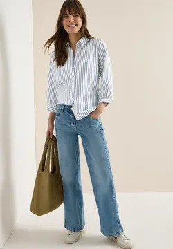 Chemisier (blouse) En Lin Somewhere - Manches 3/4, Rayé Beige, Taille 38/40 (M), Occasion Très Bon état