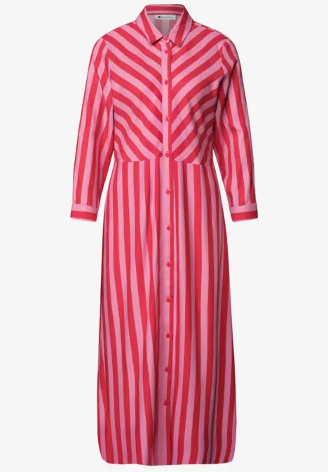 Midi-Kleid mit roten und rosa Streifen, 3/4-Ärmeln, Hemdkragen, Knopfleiste und Taillengürtel.