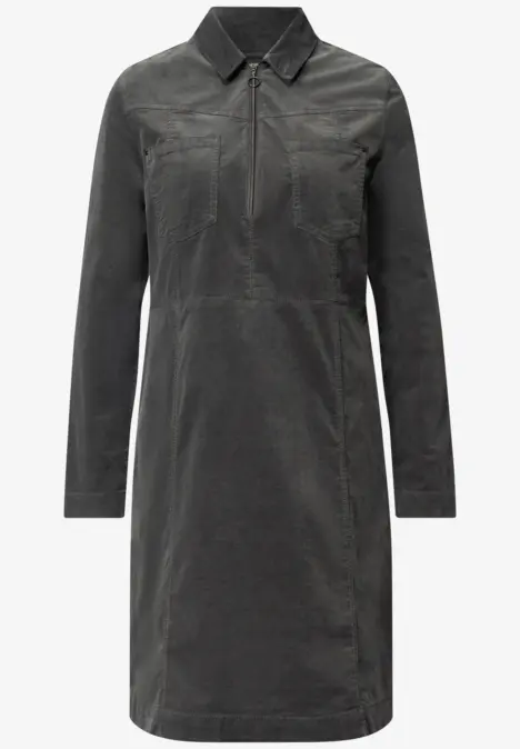 Robe-chemise gris foncé, manches longues, col montant, coupe droite jusqu'aux genoux