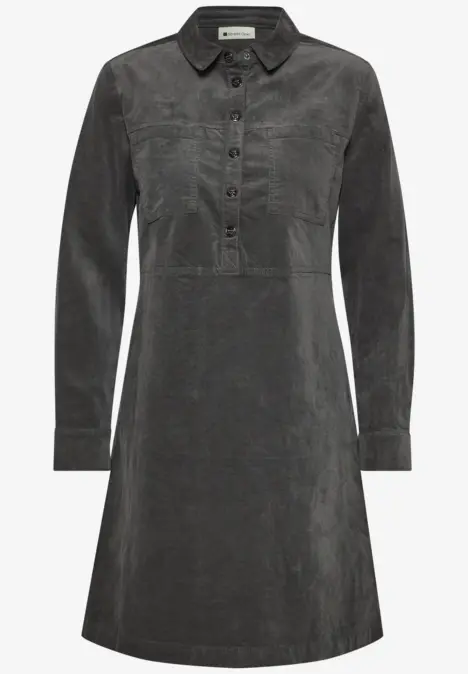 Dunkelgraues Cordkleid mit Hemdkragen, Knopfleiste und langen Ärmeln, leicht ausgestellt.