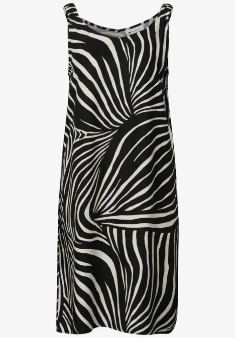 Ärmelloses Kleid mit schwarz-weißem Zebradesign, locker geschnitten.