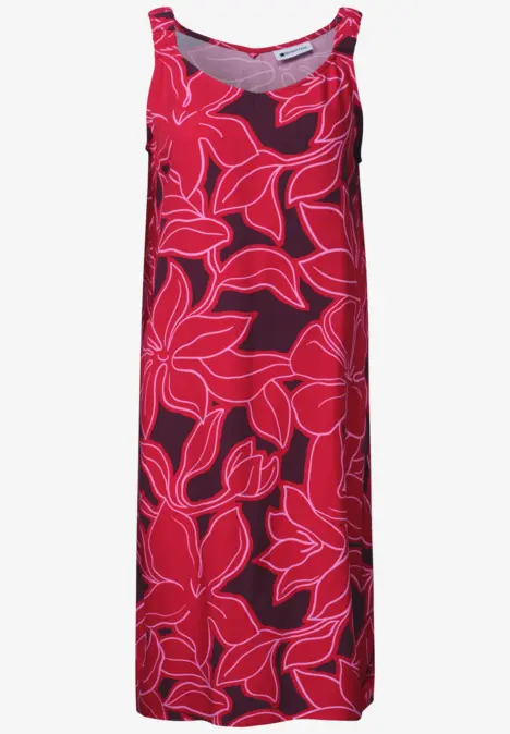 Robe midi rouge sans manches à motif floral rose vif.