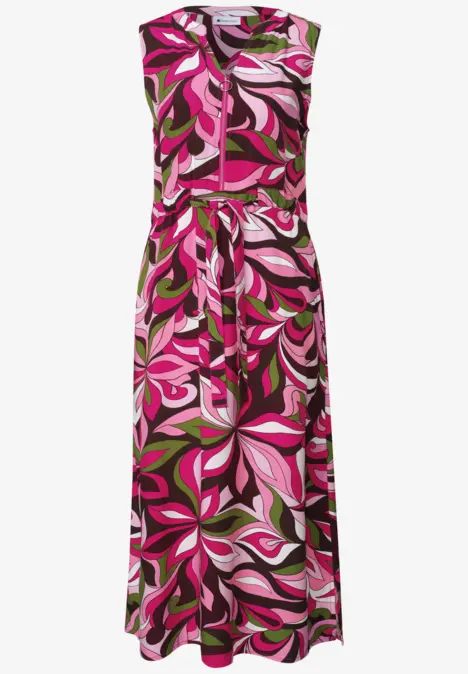 Robe midi sans manches à imprimé floral rose, vert et blanc.