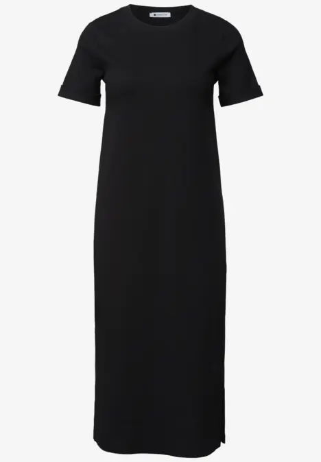 Schlichtes schwarzes T-Shirt-Kleid mit kurzen Ärmeln und knöchellangem, geradem Schnitt.