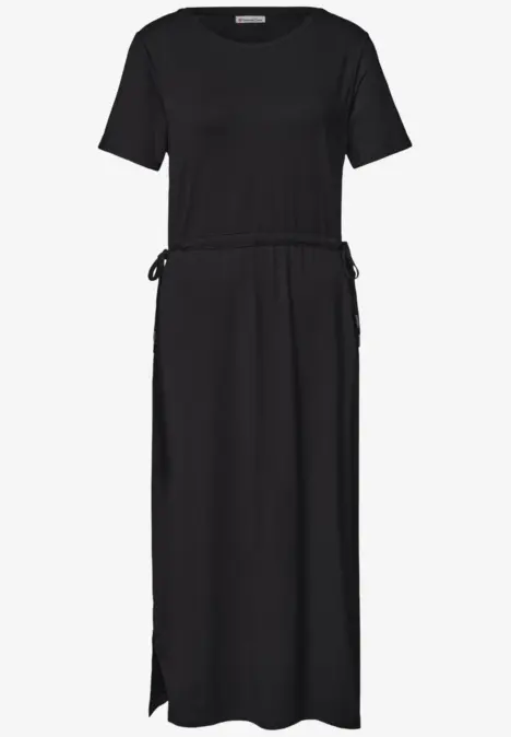 Schwarzes Maxikleid mit kurzen Ärmeln, Rundhalsausschnitt, Taillenschnürung und seitlichem Saumschlitz