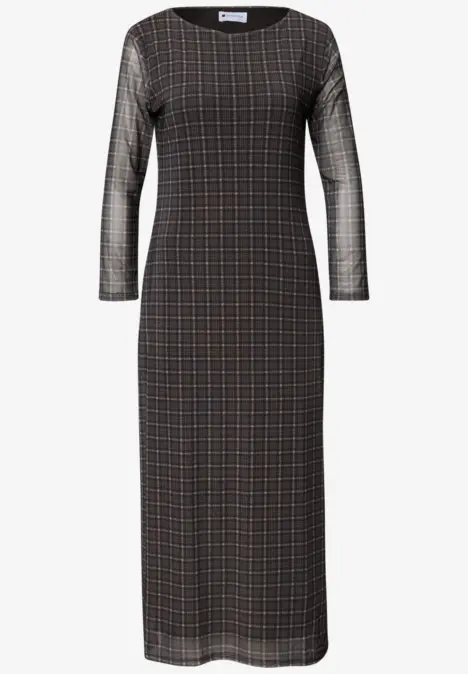 Elegantes, langärmeliges, knöchellanges Kleid mit dezentem Karomuster in Schwarz und Braun.