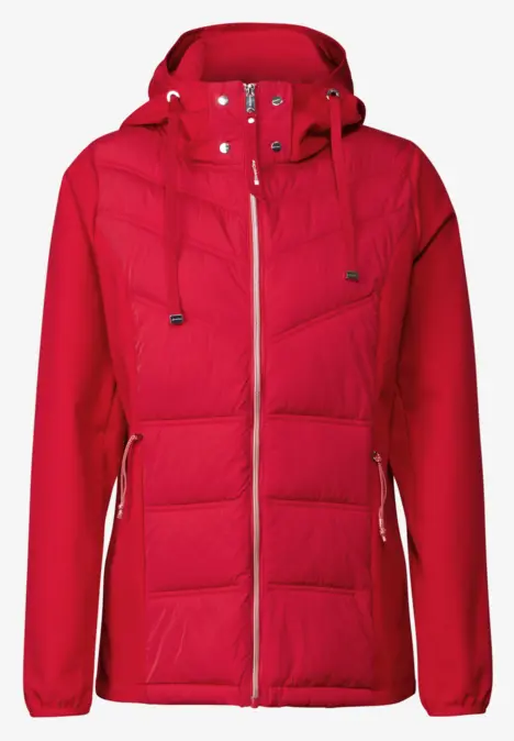 Rote Steppjacke mit Kapuze und Reißverschluss.