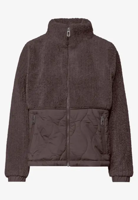 Veste polaire marron foncé zippée, effet teddy, poches et bas matelassés.