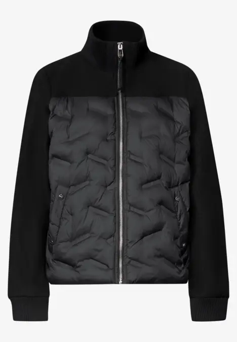 Veste noire matelassée avec devant rembourré, fermeture éclair, manches et col contrastants