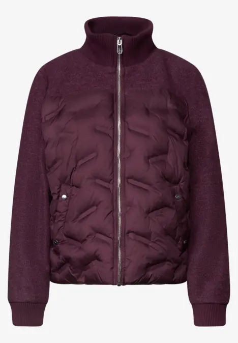 Dunkellila Damenjacke mit Steppfront, Strickärmeln und durchgehendem Reißverschluss