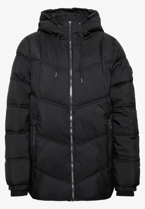 Schwarzer, wattierter Kapuzenparka mit Reißverschluss und seitlichen Taschen