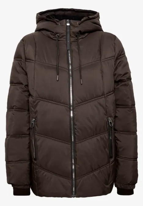 Dunkelbraune gesteppte Kapuzenjacke mit Reißverschluss und Taschen.