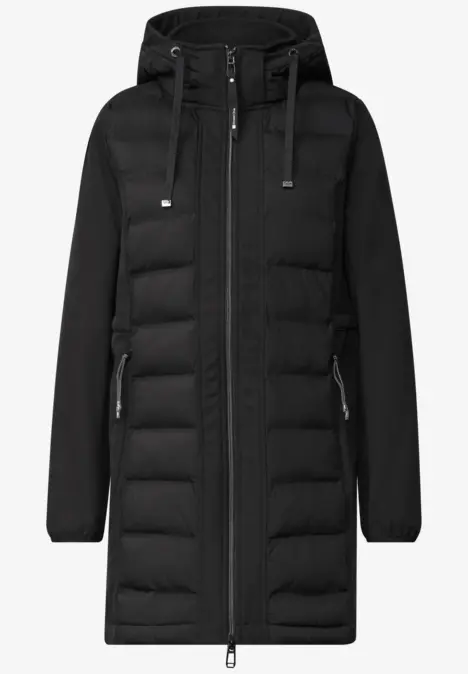 Long manteau matelassé noir avec capuche et fermeture éclair
