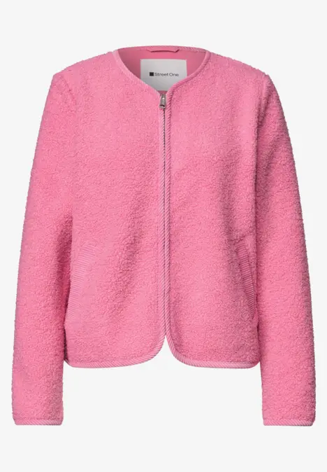 Weiche rosa Fleecejacke mit Reißverschluss und Rundhalsausschnitt.